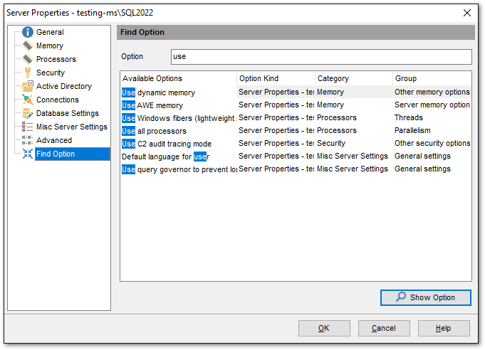 Server Properties - Find Option