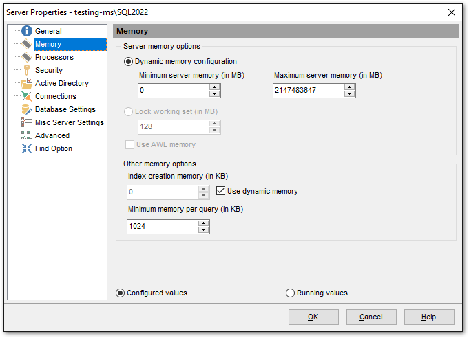 Server Properties - Memory