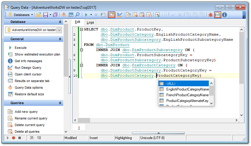 SQL Editor - Working with SQL Editor area