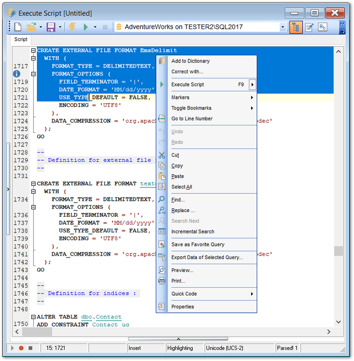 SQL Script Editor - Working with SQL Script editor area