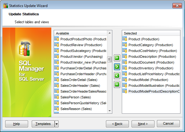 Statistics Update - Selecting tables and views