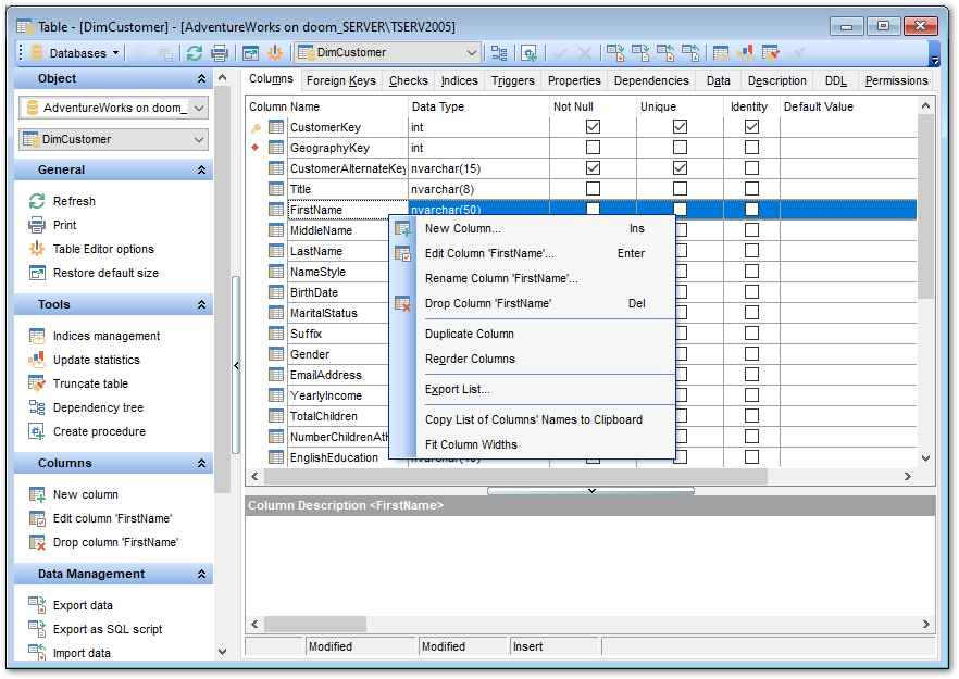 Table Editor - Managing fields