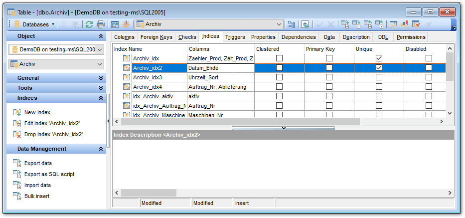 Table Editor - Managing indexes