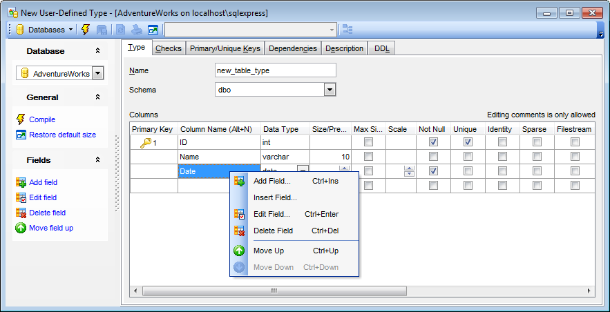 UDT Editor - Editing UDT definition - Table Data Type