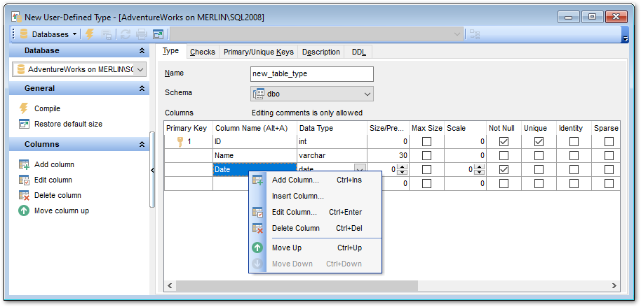 UDT Editor - Editing UDT definition - Table Data Type