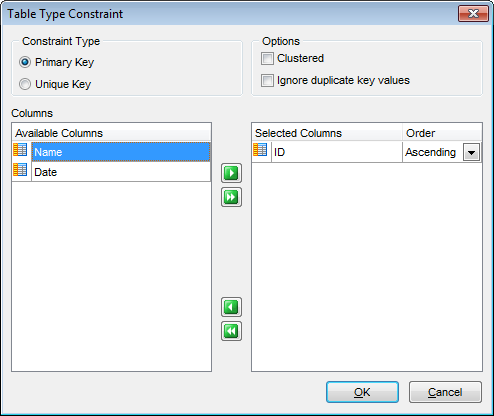 UDT Editor - Managing UDT Primary_Unique Keys - Table Type Constraint dialog