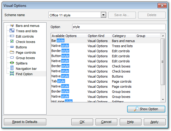 Visual Options - Find Option