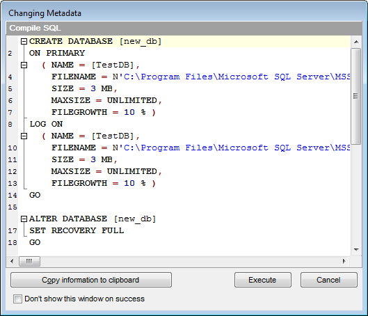 Create Database Wizard - Viewing result SQL statement