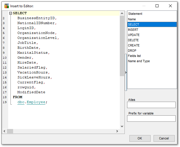 DB Explorer - Insert to Editor