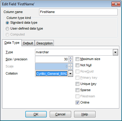 Field Editor - Setting field name and type - Standard