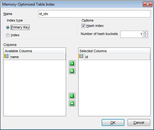 New table - Specifying memory-optimized table indices - Index Editor