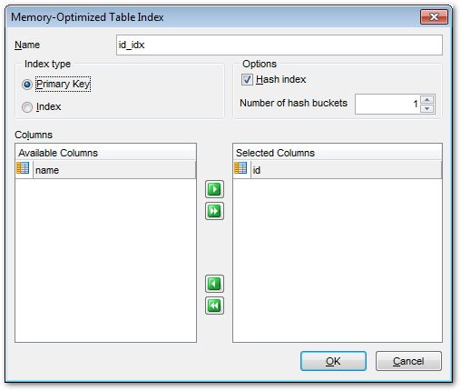 New table - Specifying memory-optimized table indices - Index Editor