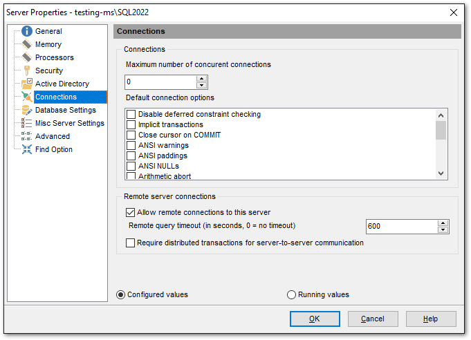 Server Properties - Connections