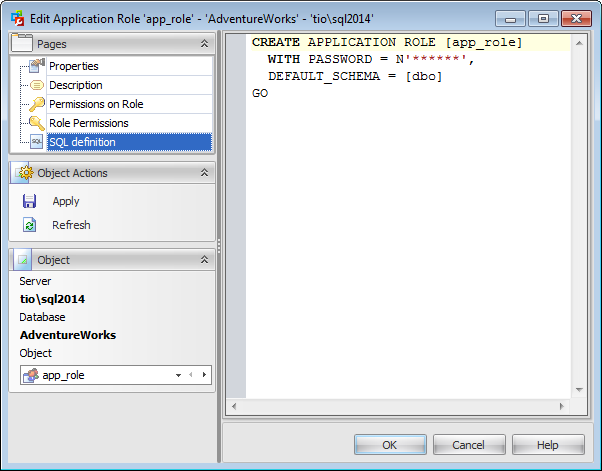 Application role Editor - Viewing SQL definition