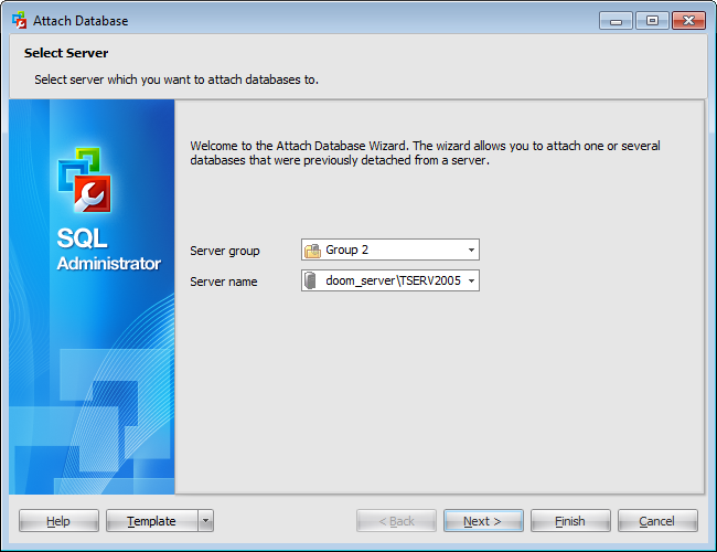 Attach Database Wizard - Selecting server