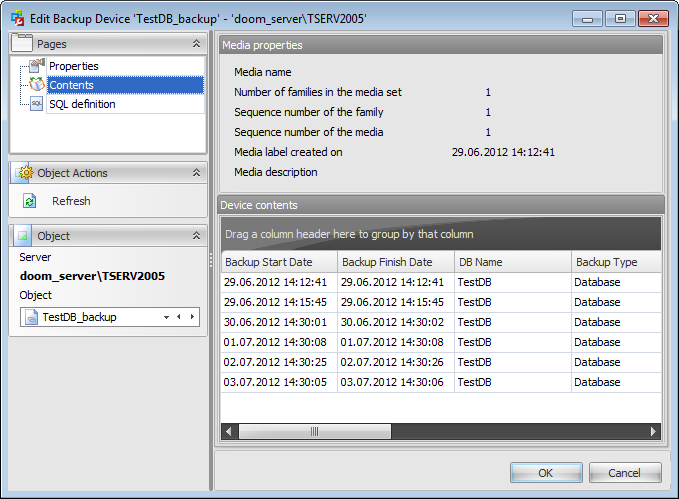 Backup database - Backup devices - Backup device Editor - Viewing device contents