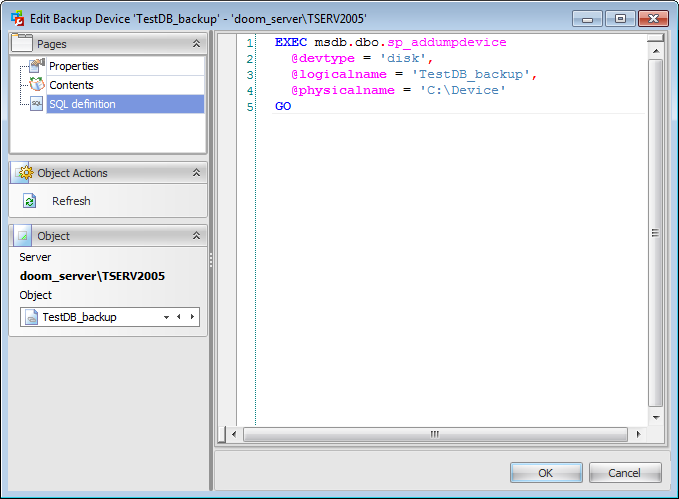 Backup database - Backup devices - Backup device Editor - Viewing SQL definition