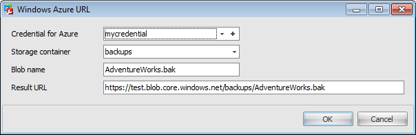 Backup Database Wizard - Selecting backup devices - Azure URL Properties