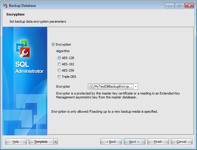 Backup Database Wizard - Setting backup encryption
