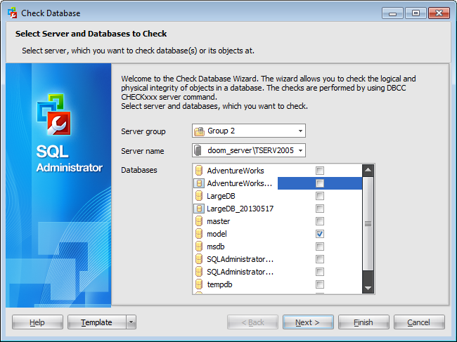 Check Database Wizard - Selecting server and databases to check