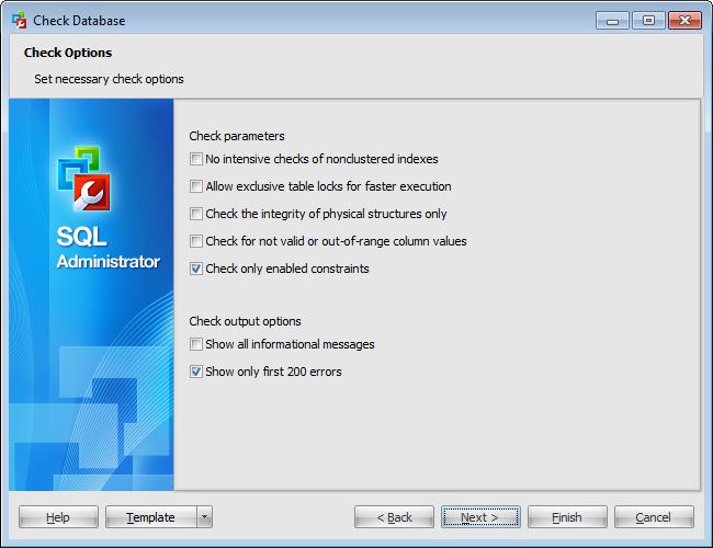 Check Database Wizard - Setting check options