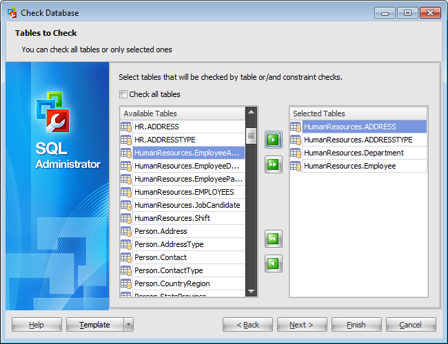 Check Database Wizard - Tables to check