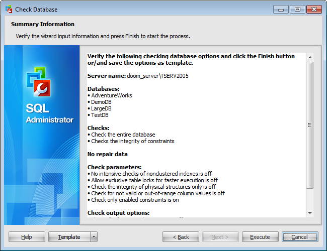 Check Database Wizard - Viewing summary information