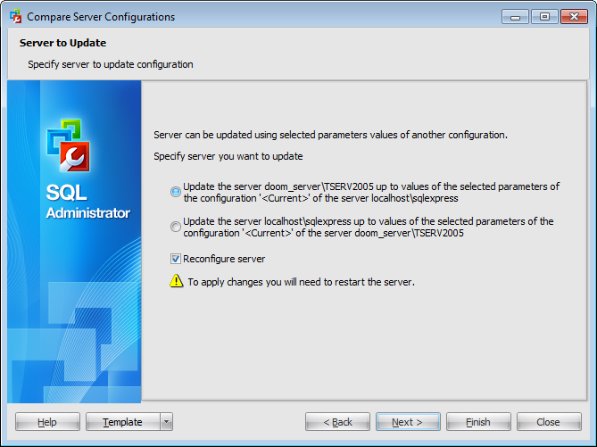 Compare server configurations - Selecting server to update