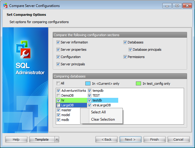 Compare server configurations - Setting comparing configurations options
