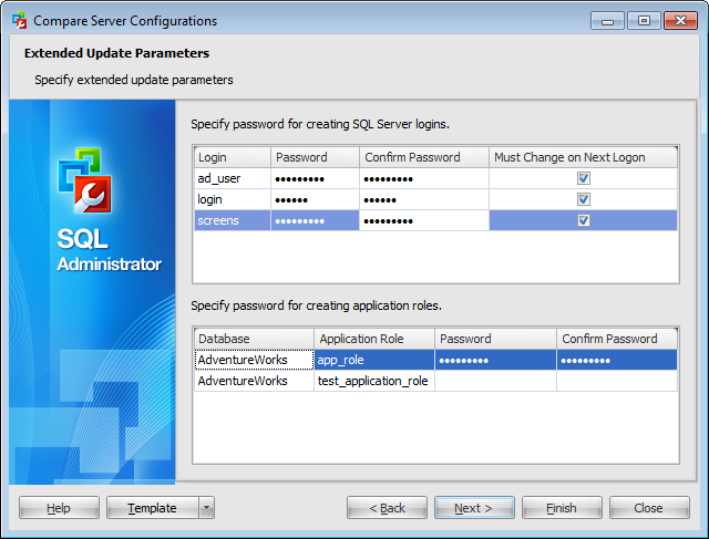 Compare server configurations - Setting passwords