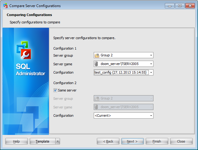 Compare server configurations - Specifying configurations for comparing