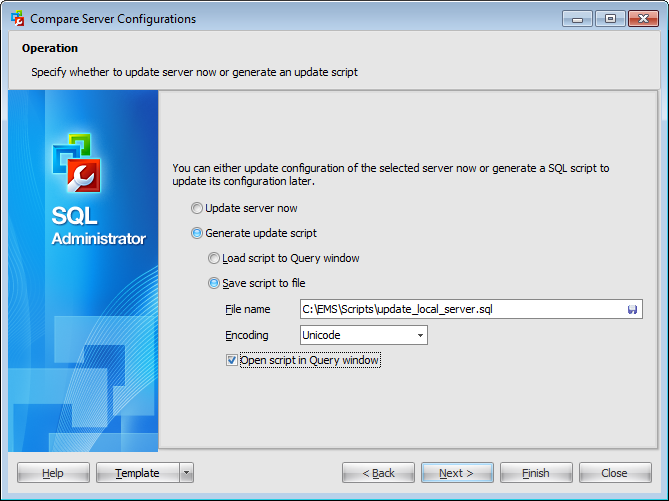 Compare server configurations - Specifying destination file name