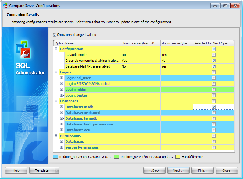 Compare server configurations - Viewing comparison results