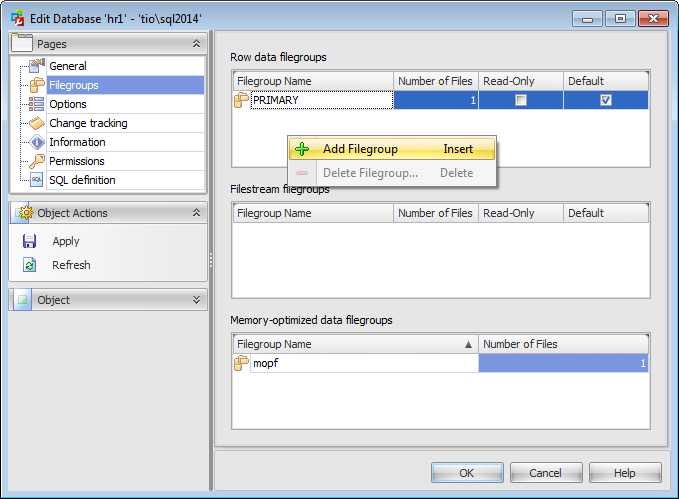 Database Editor - Managing filegroups