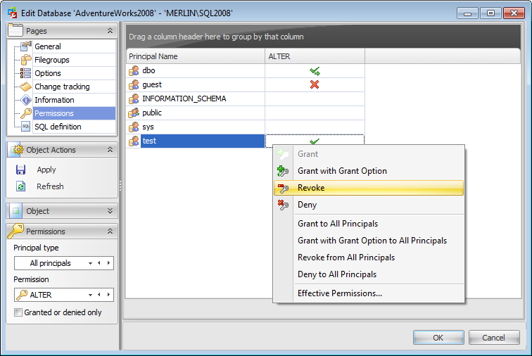 Database Editor - Setting permissions