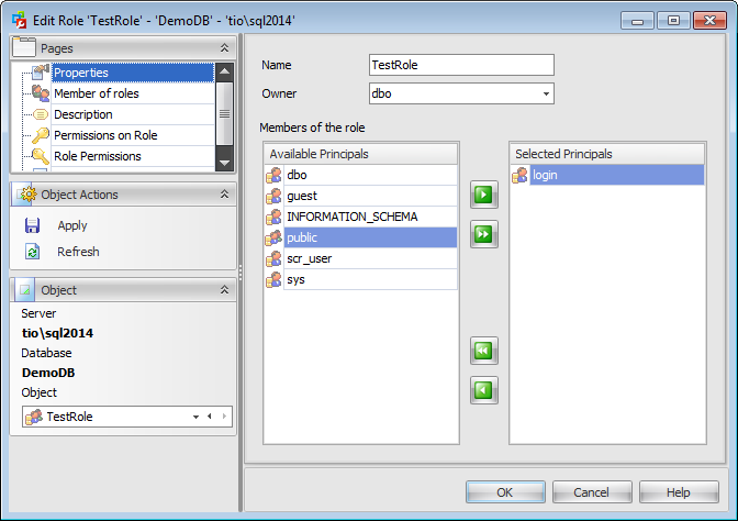 Database role Editor - Setting database role properties