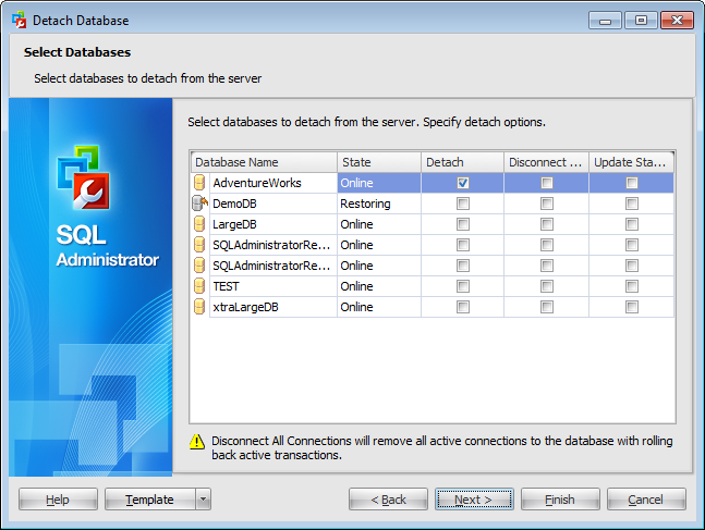 Detach Database Wizard - Selecting databases