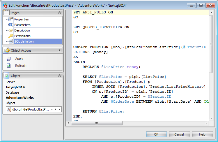 Function Editor - SQL Definition