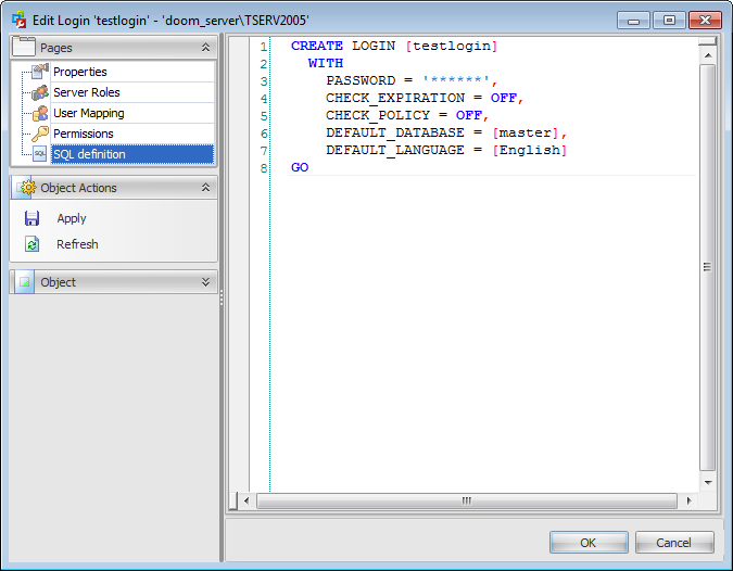 Login Editor - Viewing SQL definition