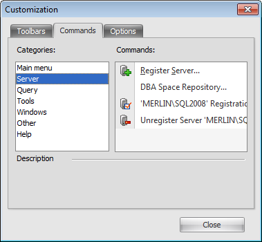 Main menu and toolbars - Customize - Commands