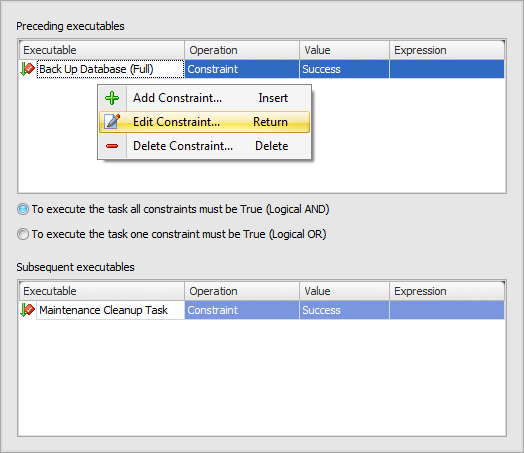 Maintenance plans - Maintenance Plan Editor - Managing tasks - Precedence constraints