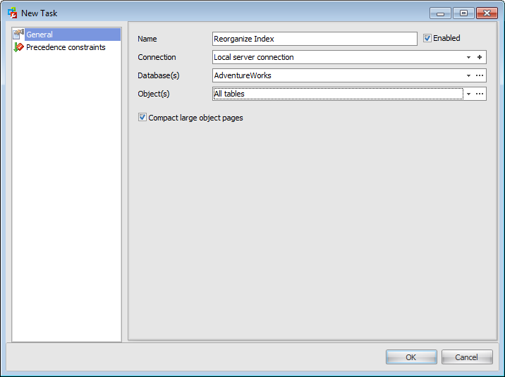 Maintenance plans - Maintenance Plan Editor - Managing tasks - Reorganize indexes