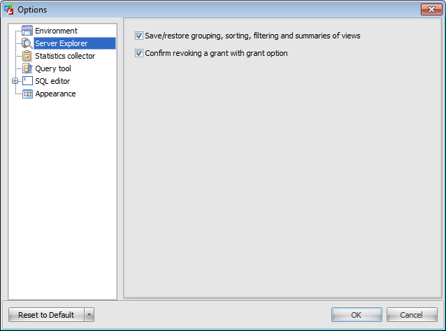 Options - Server explorer