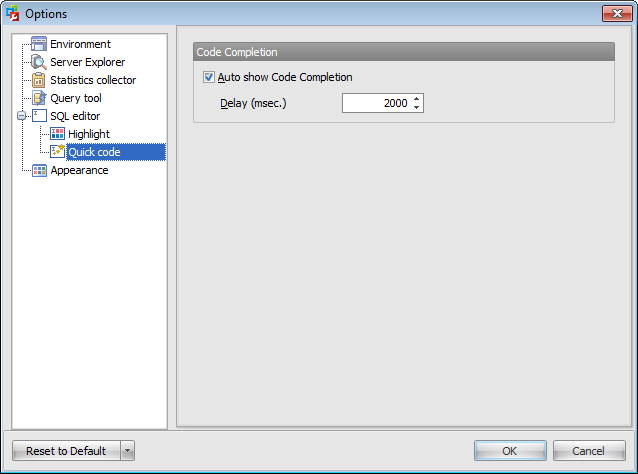 Options - SQL Editor - Quick code