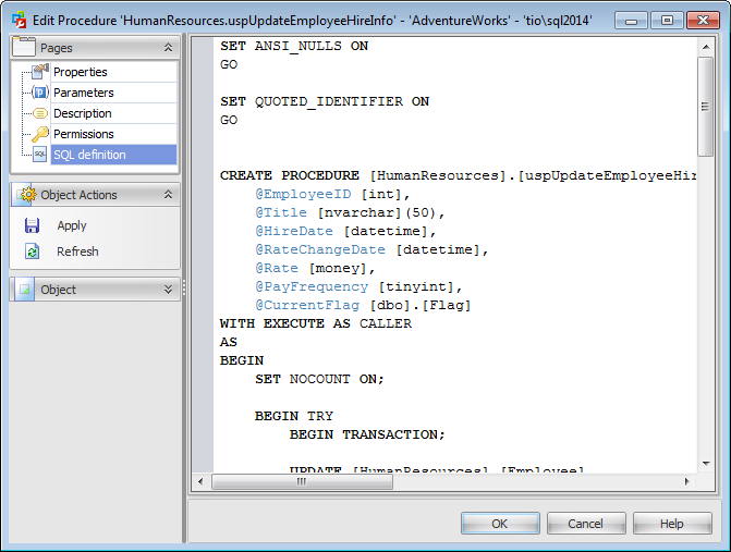 Procedure Editor - SQL Definition