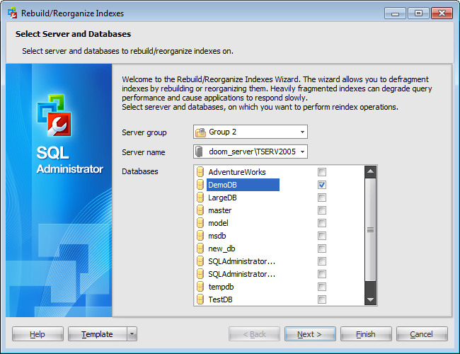 Rebuild_Reorganize Indexes Wizard - Selecting server and databases