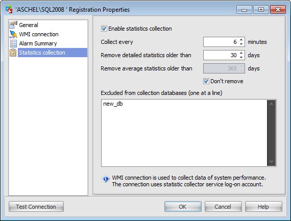 Register server - Setting statistics collection parameters