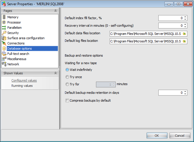 Server properties - Database options