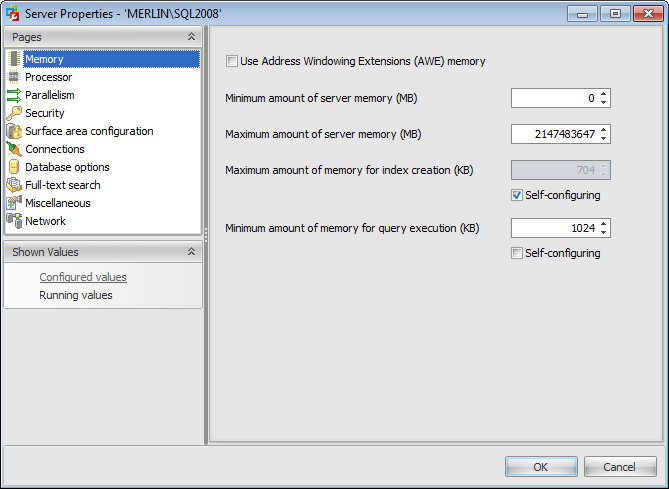 Server properties - Memory
