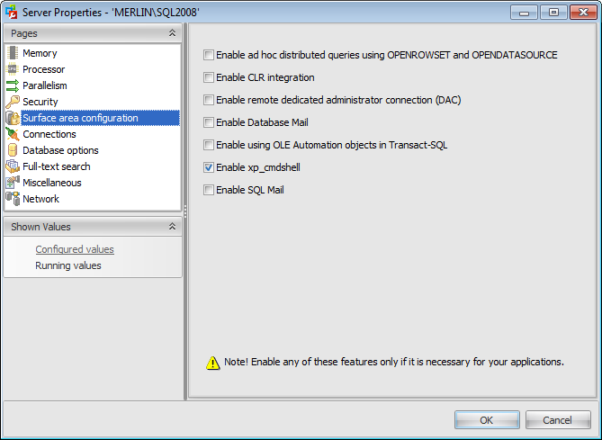 Server properties - Surface area configuration